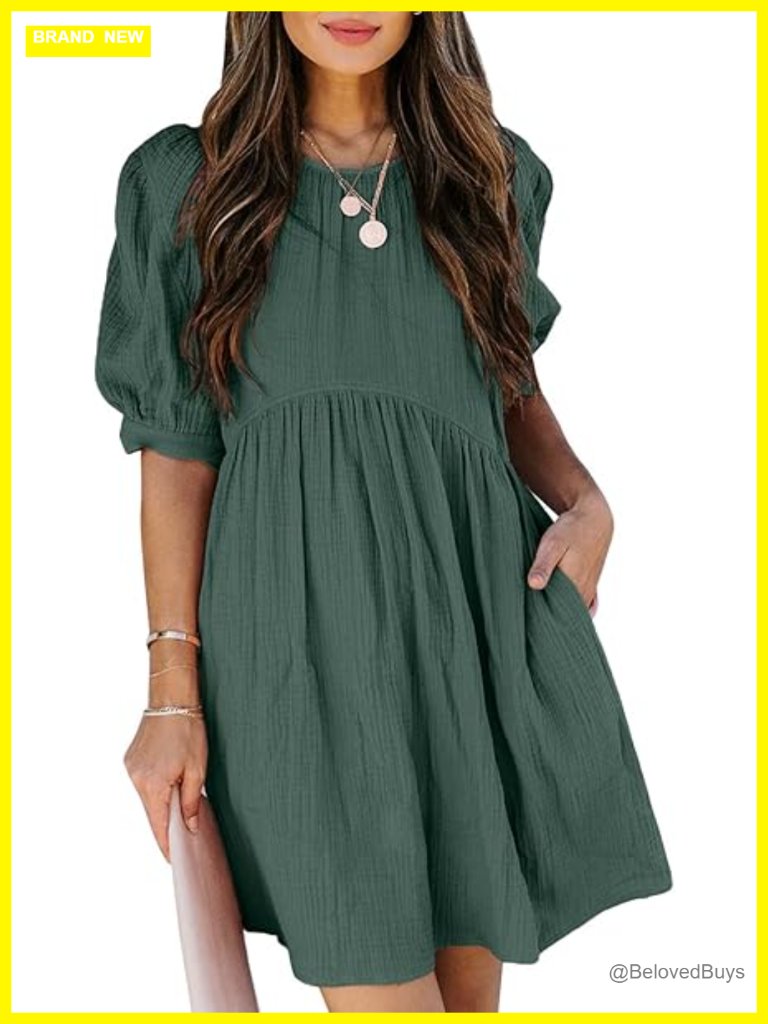 Crewneck Puff Sleeve Babydoll Empire Waist Mini Swing Dress With Pockets